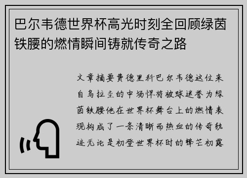 巴尔韦德世界杯高光时刻全回顾绿茵铁腰的燃情瞬间铸就传奇之路 巴尔韦德世界杯高光时刻全回顾绿茵铁腰的燃情瞬间铸就传奇之路