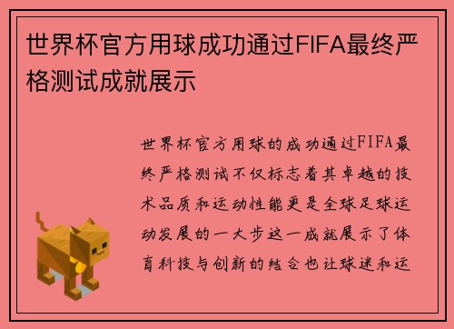 世界杯官方用球成功通过FIFA最终严格测试成就展示