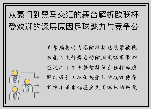 从豪门到黑马交汇的舞台解析欧联杯受欢迎的深层原因足球魅力与竞争公平性
